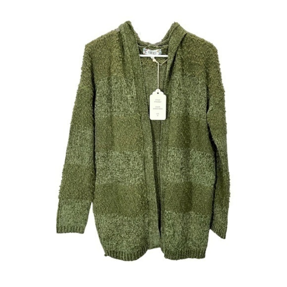 NWT Pink Rose Boutique Women’s Shaded Moss Green Striped Hooded Fuzzy Cardigan